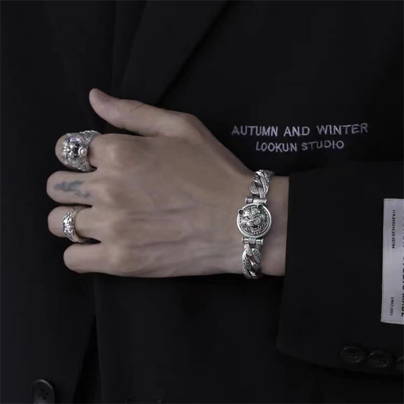 Tiger Tang Dynasty Flower Design Engraved Luck Energy Bracelet