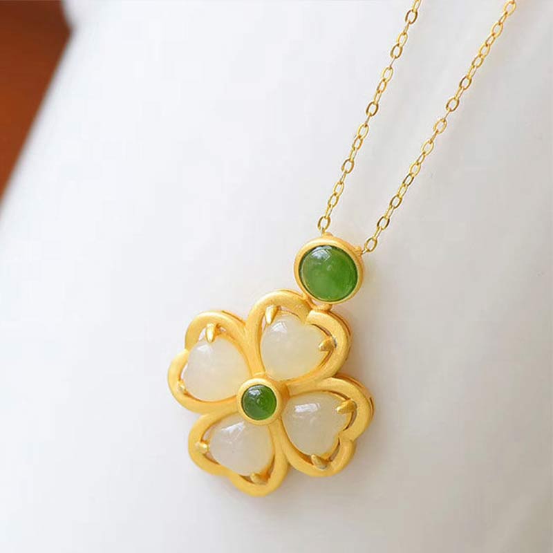 925 Sterling Silver Lucky Four Leaf Clover Jade Prosperity Necklace Chain Pendant