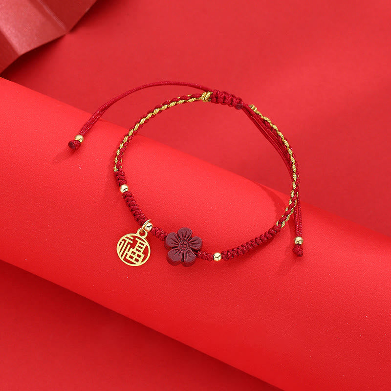 Handmade Red String Cinnabar Flower and Copper Fu Character Braided Bracelet