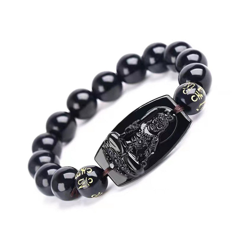 Hand-Carved Black Obsidian Om Mani Padme Hum Chinese Zodiac Beaded Bracelet