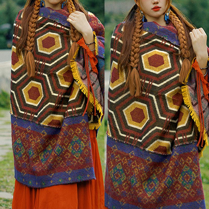 Tibetan Shawl Brown Blue Red Geometric Shapes Pattern Winter Cozy Travel Scarf Wrap