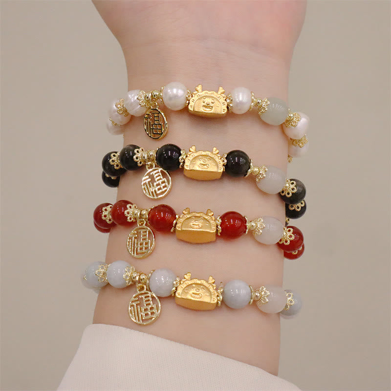 Year Of The Dragon Red Agate Strawberry Quartz Black Obsidian Jade Garnet Pearl Cinnabar Dumpling Dragon Luck Fu Character Bracelet