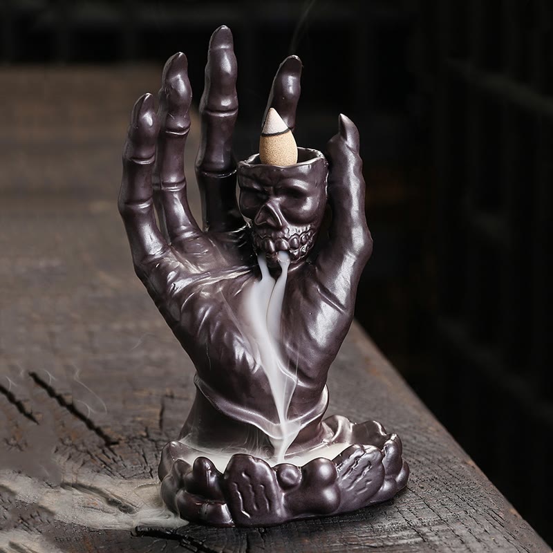 Ceramic Skull and Skeletal Hand Backflow Incense Burner for Atmospheric Meditation