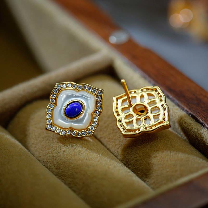 925 Sterling Silver Tridacna Stone Lazurite Prismatic Design Blessing Earrings Necklace Pendant Jewelry Set