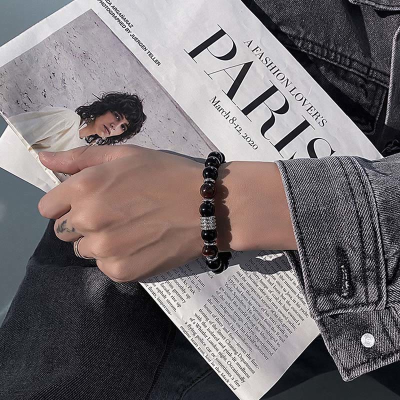10mm Black Obsidian and Tiger Eye Beaded Bracelet with Titanium Steel