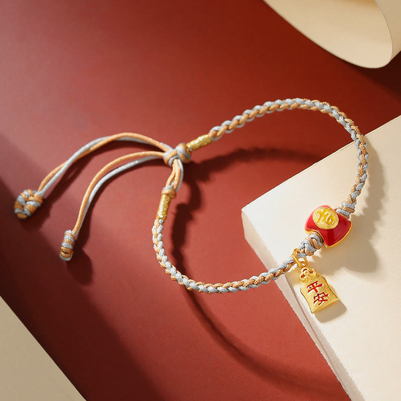 Handmade 925 Sterling Silver Blessing Character Braided Red String Bracelet