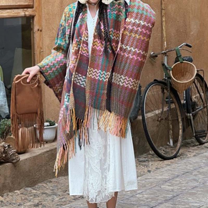 Tibetan Shawl Colorful Wavy Striped Shapes Tassels Winter Cozy Travel Scarf Wrap