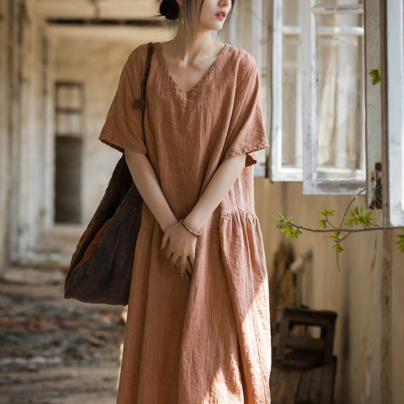 Handmade Tie Dye V-Neck Midi Dress Linen Short Sleeve Dress