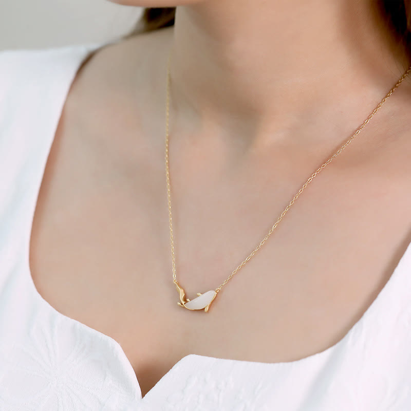 925 Sterling Silver White Jade Dolphin Luck Necklace Pendant