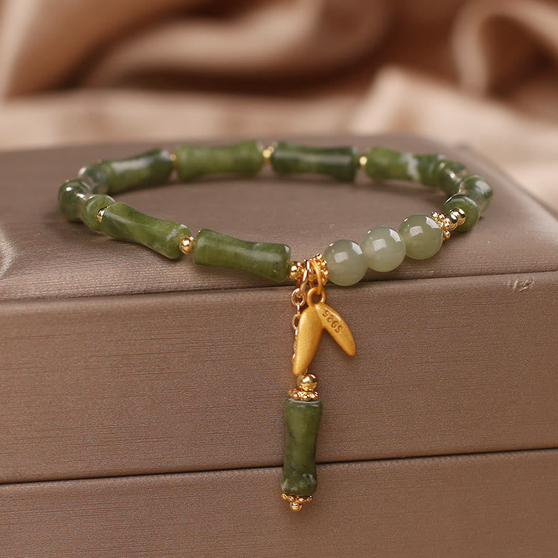 Green Bamboo Jade Leaf Pattern Wealth Luck Bracelet