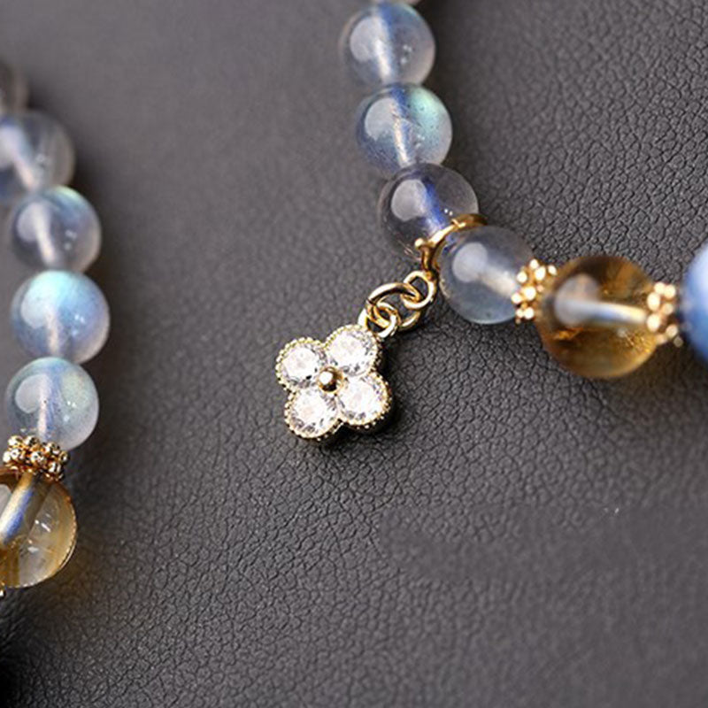 Natural Moonstone Citrine Kyanite 14K Gold Flower Charm Beaded Bracelet