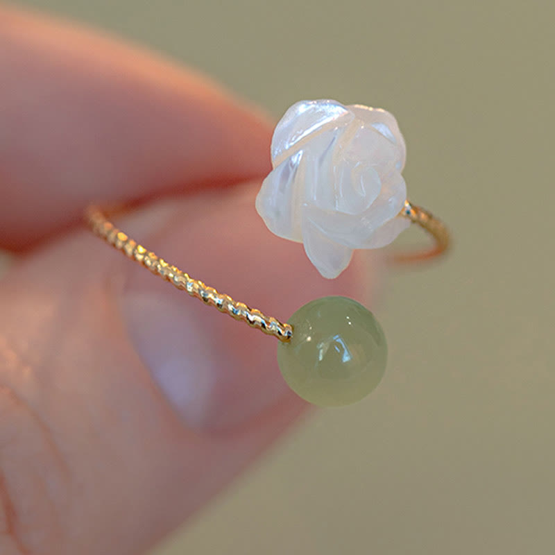 14K Gold Plated Tridacna Stone Rose Flower Jade Bead Blessing Ring