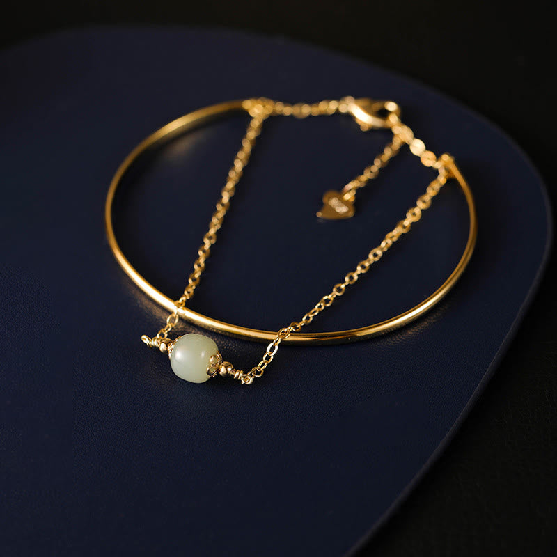Copper Plated Gold Hetian Jade Bead Luck Double Layer Bracelet Bangle