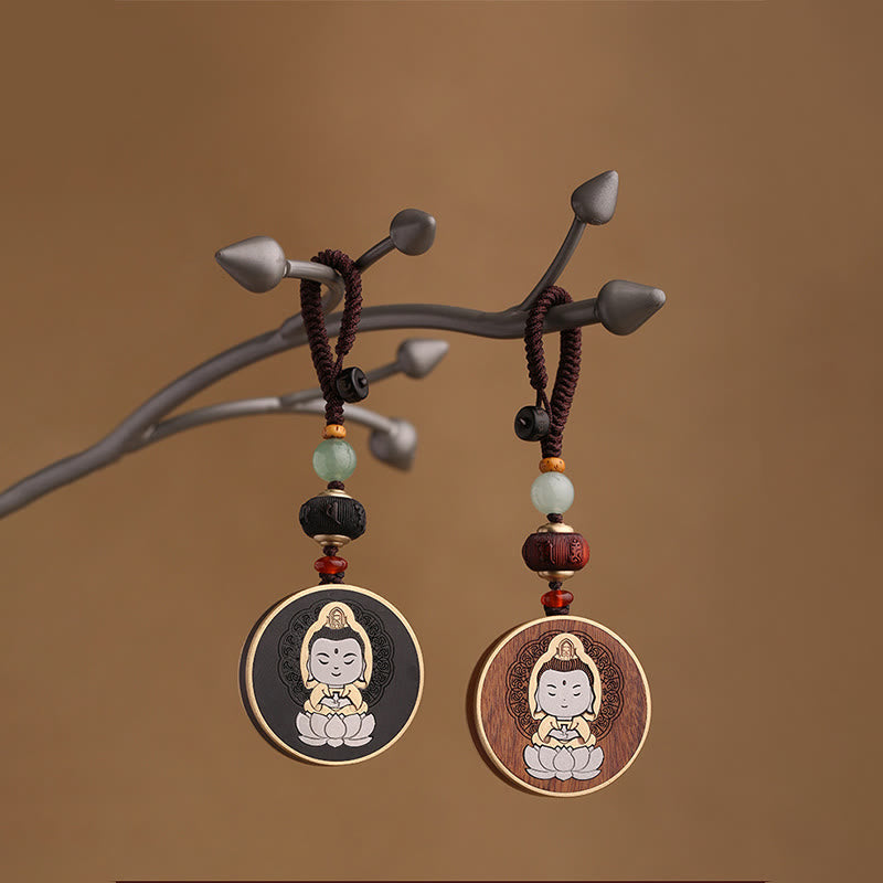 Ebony Wood Rosewood Buddha Avalokitesvara Om Mani Padme Hum Balance Car Key Chain Decoration
