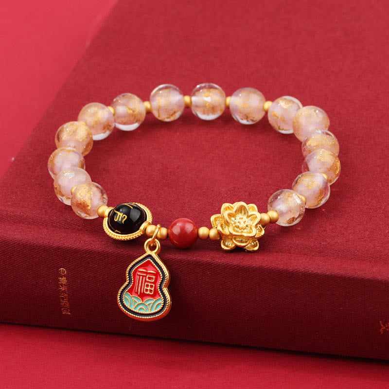 Tibetan Om Mani Padme Hum Lotus & Wu Lou Gourd Copper Charm Liuli Glass Beaded Bracelet