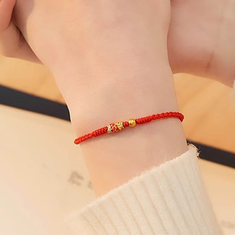 Handmade 925 Sterling Silver Koi Fish Braided Red String Bracelet