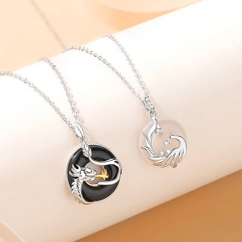 925 Sterling Silver Year of the Dragon Natural Black Onyx Chalcedony Dragon Phoenix Peace Buckle Protection Necklace Pendant