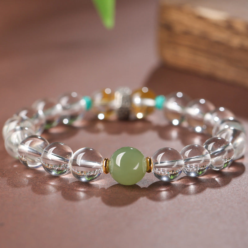 925 Sterling Silver Hetian Jade & White Crystal Chinese Zodiac Guardian Buddha Beaded Bracelet