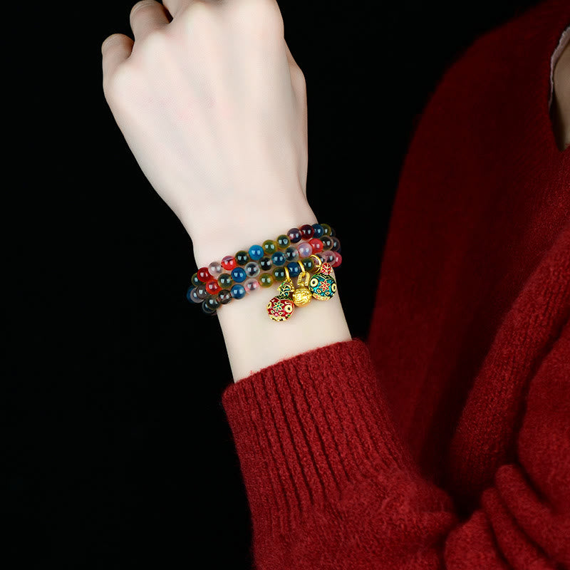 Colorful Candy Agate Gold Swallowing Beast Family Strength Charm Triple Wrap Bracelet