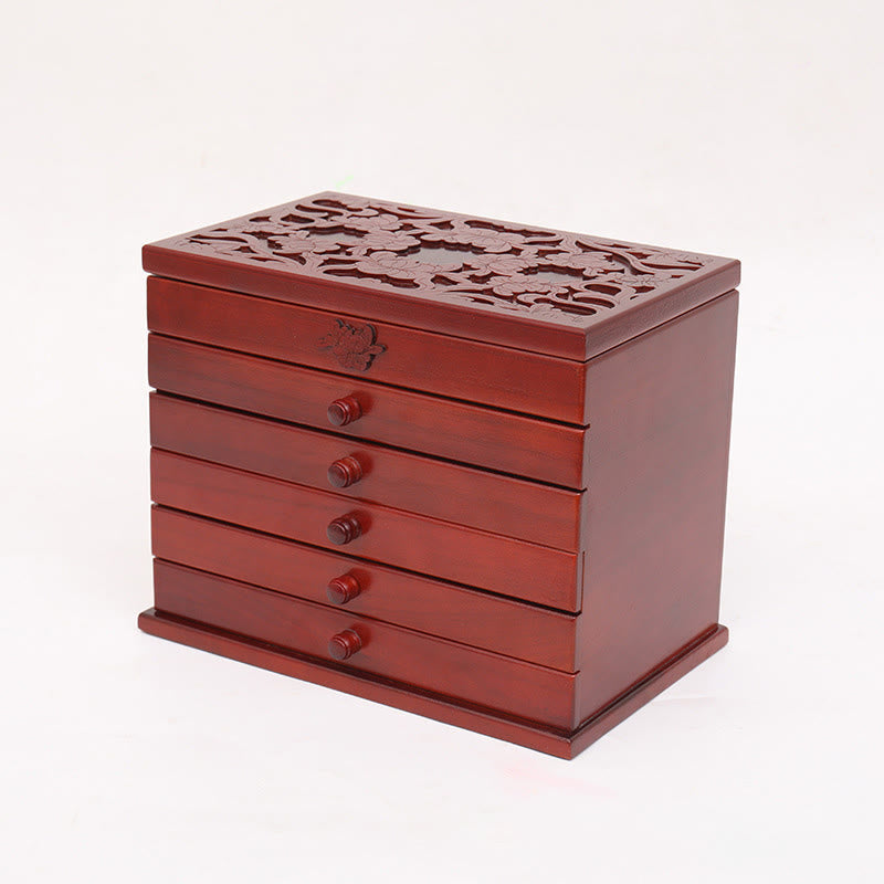 Vintage Floral Carved Paulownia Wood Six-Layer Large Capacity Jewelry Box