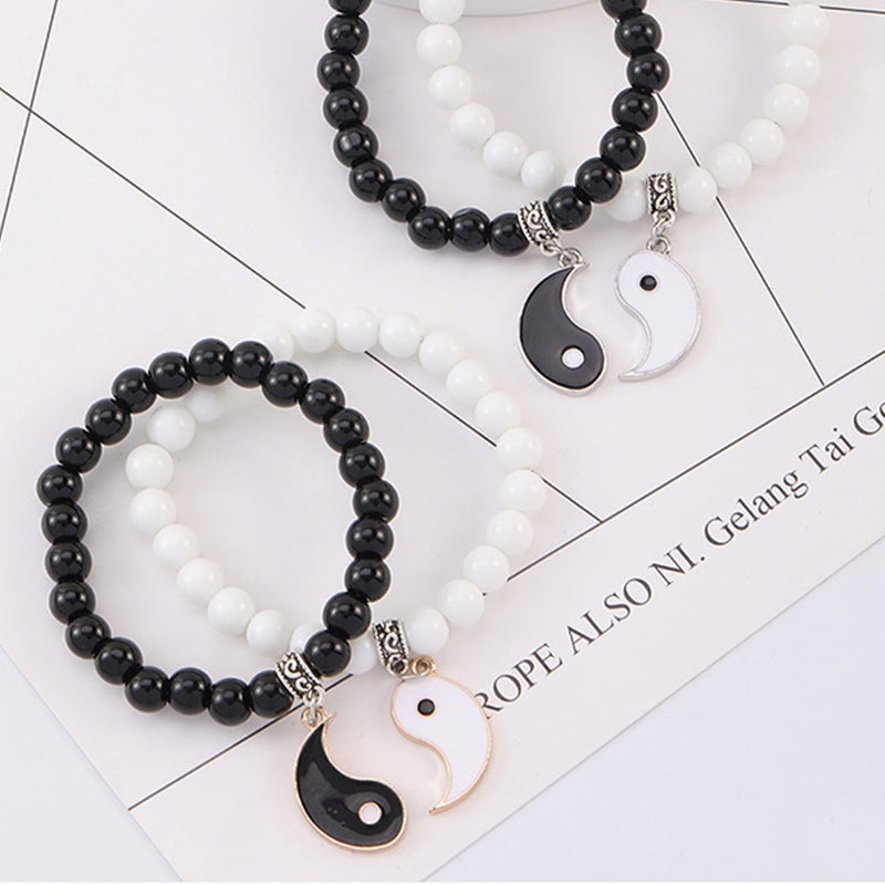 2Pcs Black Onyx White Turquoise Bead Yin Yang Protection Couple Bracelet