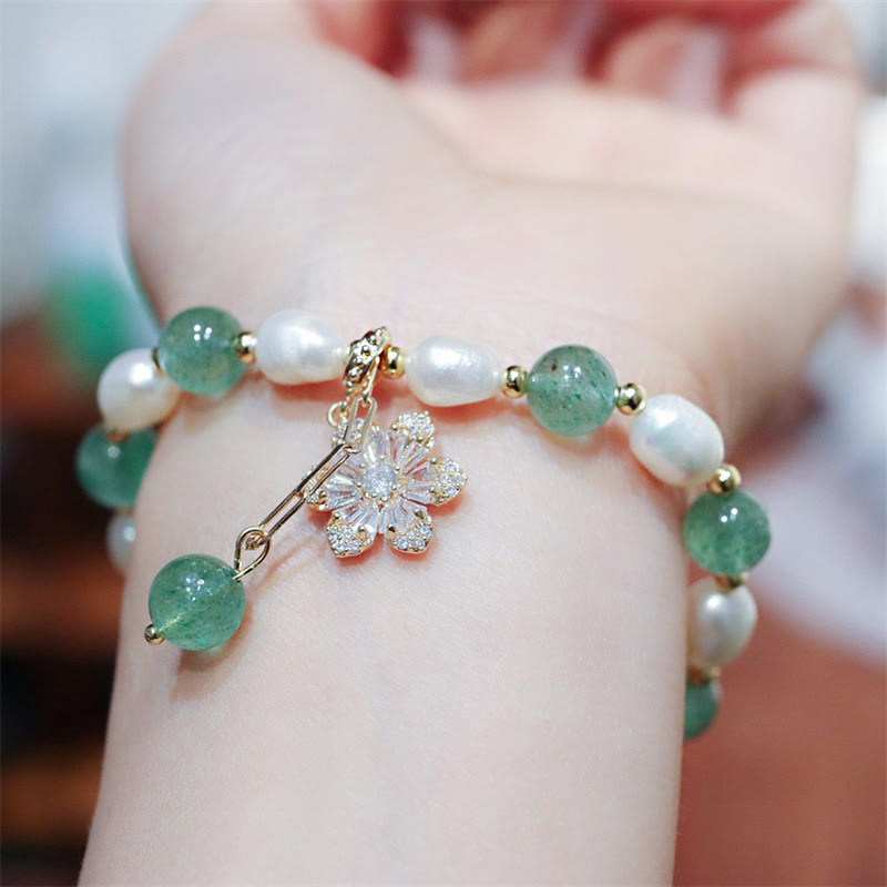 Handcrafted Green Strawberry Quartz and Pearl Flower Charm Gold Accent Bracelet