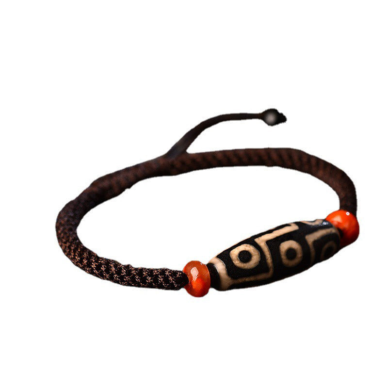 Handcrafted Tibetan Nine-Eye Agate Dzi Bead String Bracelet