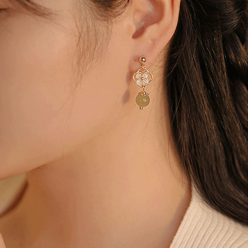 Tridacna Stone Flower Jade Bead Blessing Drop Earrings