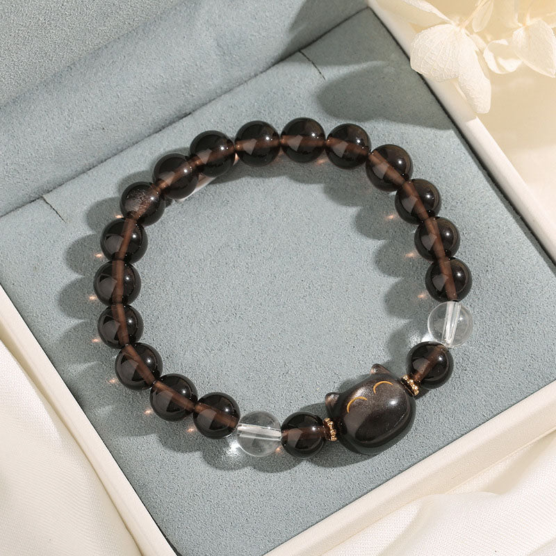 Natural Ice & Silver Sheen Obsidian Lucky Cat Bracelet with Clear Quartz and Copper