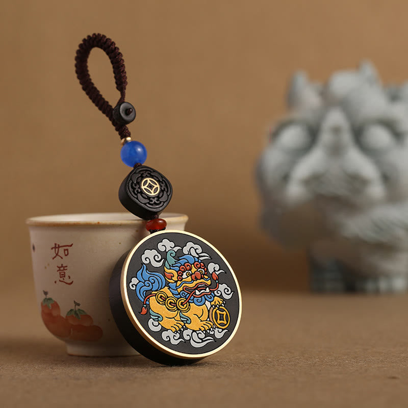 PiXiu Copper Coin Ebony Wood Luck Attract Wealth Key Chain Decoration