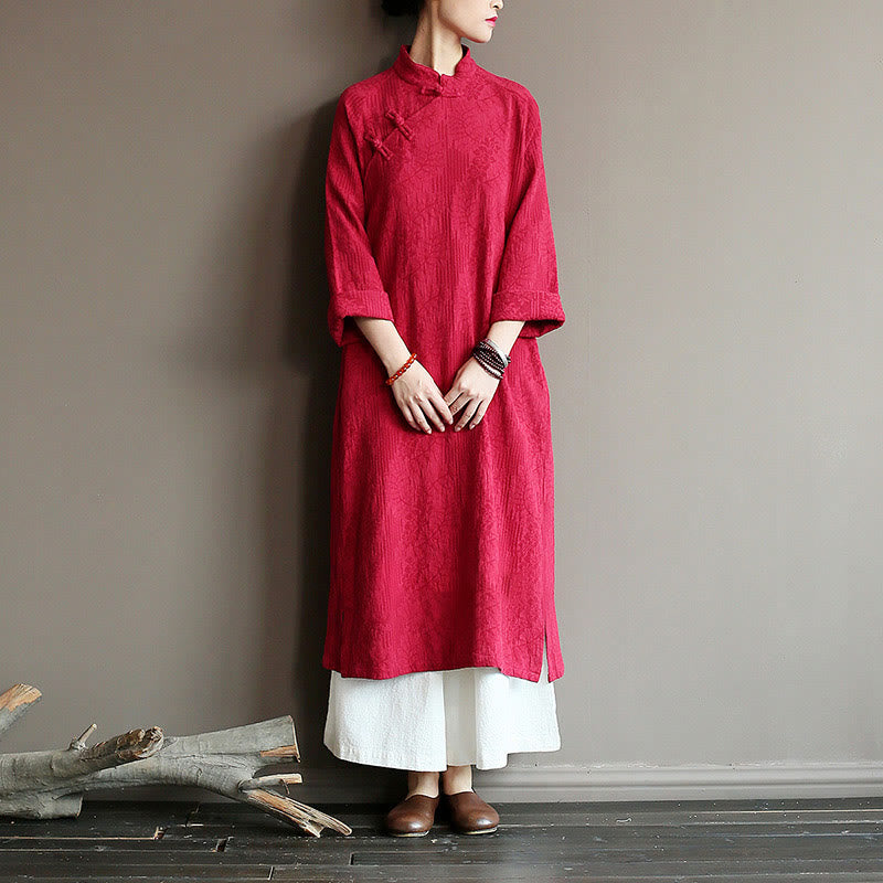 Flower Jacquard Midi Dress Long Sleeve Cotton Linen Dress Wide Leg Pants With Pockets