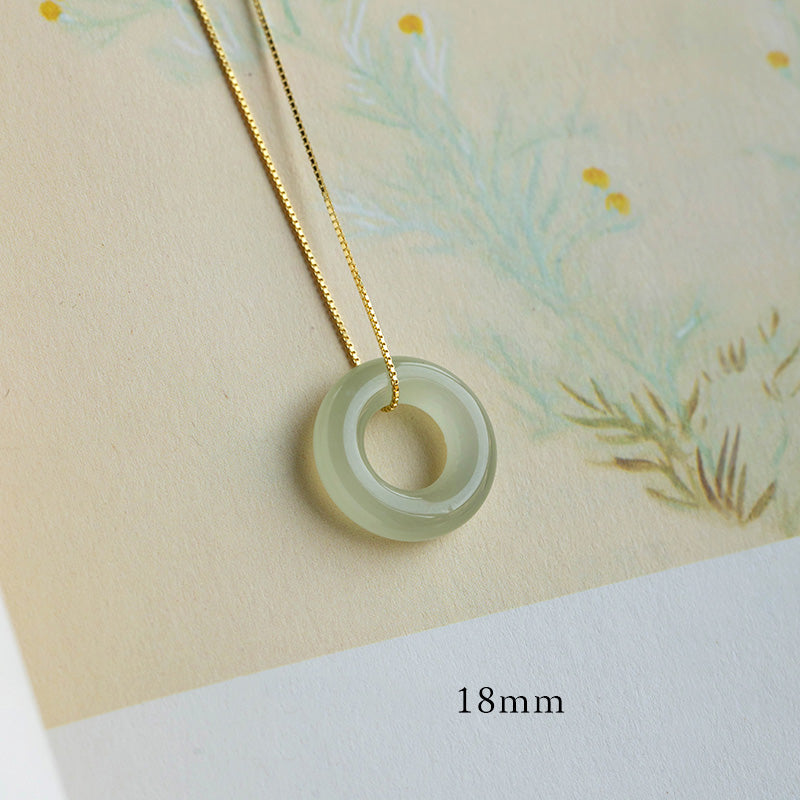 Natural Round Jade Ping An Kou 925 Sterling Silver Gold Plated Pendant Necklace