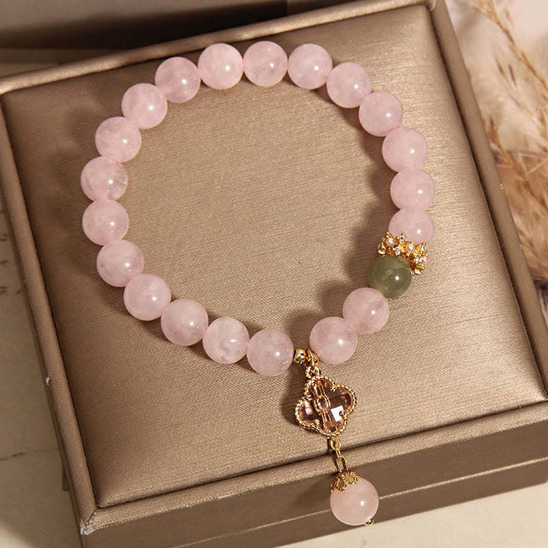 Natural Pink Crystal Four Leaf Clover Soothing Bracelet