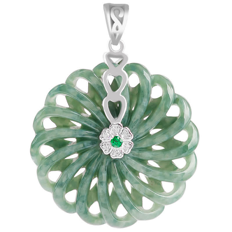 925 Sterling Silver Natural Round Jade Peace Buckle Abundance Necklace Pendant