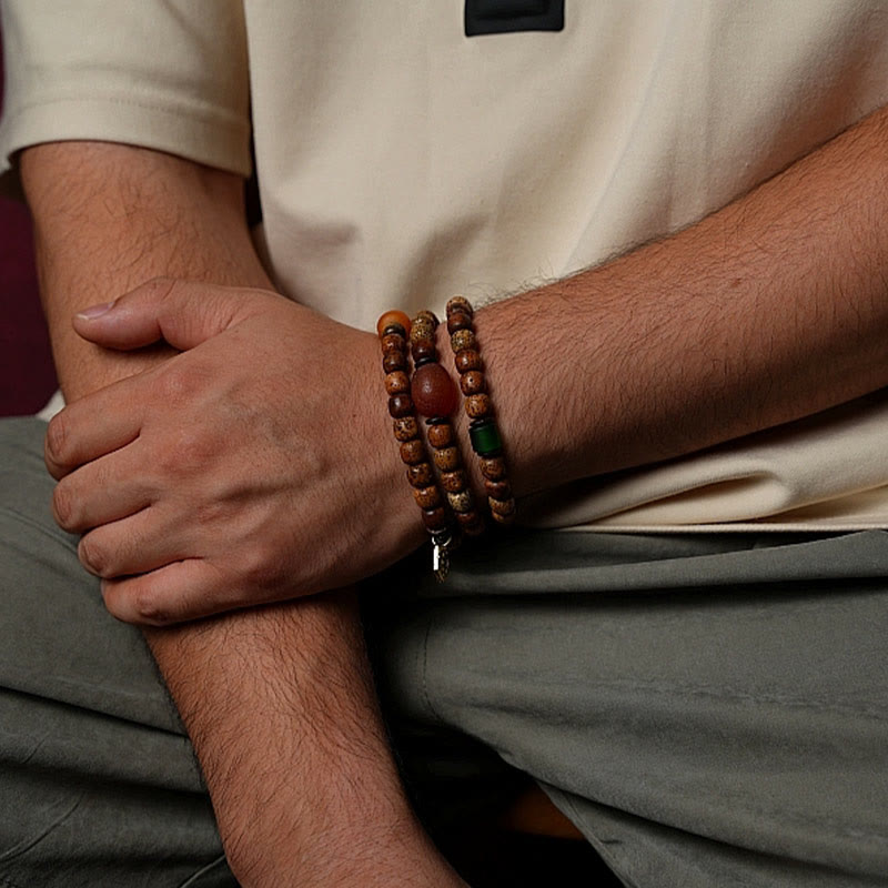 Tibetan Bodhi Seed Amber Dzi Bead Agate Zakiram Goddess of Wealth Beads Triple Wrap Bracelet