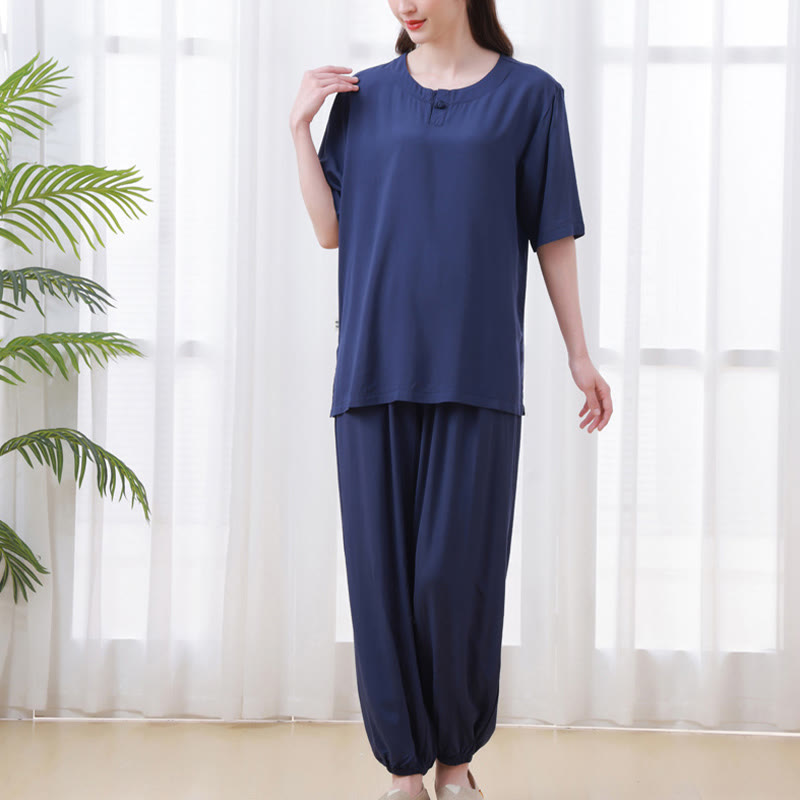 2Pcs Half Sleeve T-Shirt Pants Meditation Zen Tai Chi Cotton Linen Clothing Unisex Set