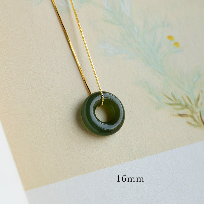 Natural Round Jade Ping An Kou 925 Sterling Silver Gold Plated Pendant Necklace