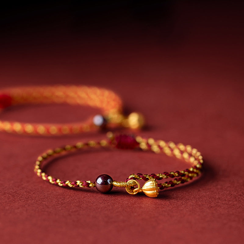 Handcrafted Red Gold Rope Lotus Peace And Joy Charm Braid Bracelet
