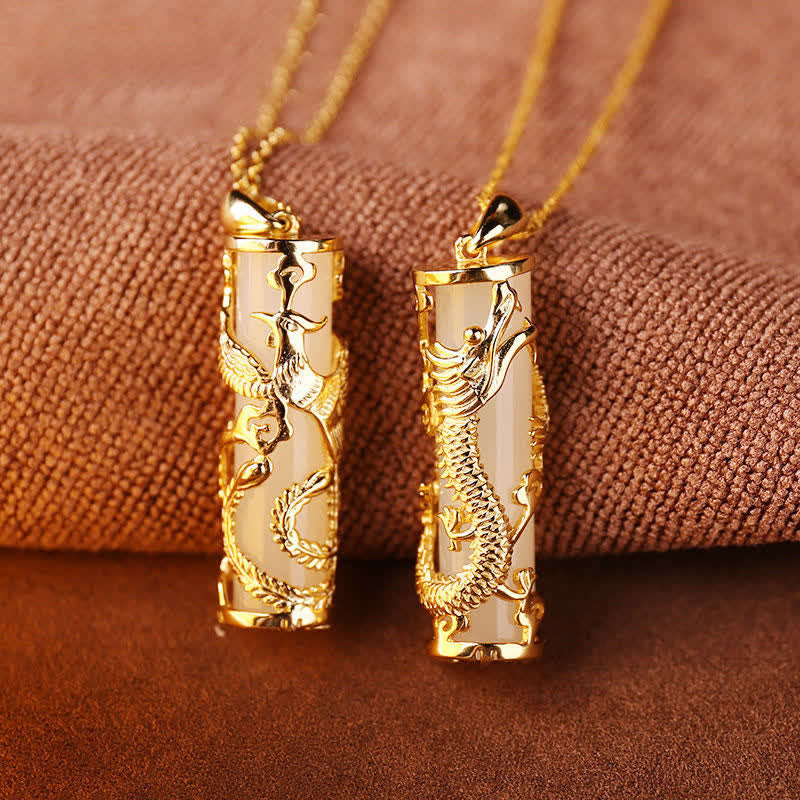 Hand-Carved White Jade and Copper Dragon or Phoenix Harmony Pendant Necklace