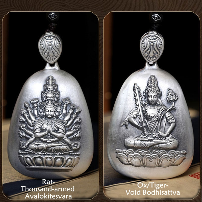 999 Sterling Silver Chinese Zodiac Natal Buddha Heart Sutra Engraved Protection Necklace Pendant