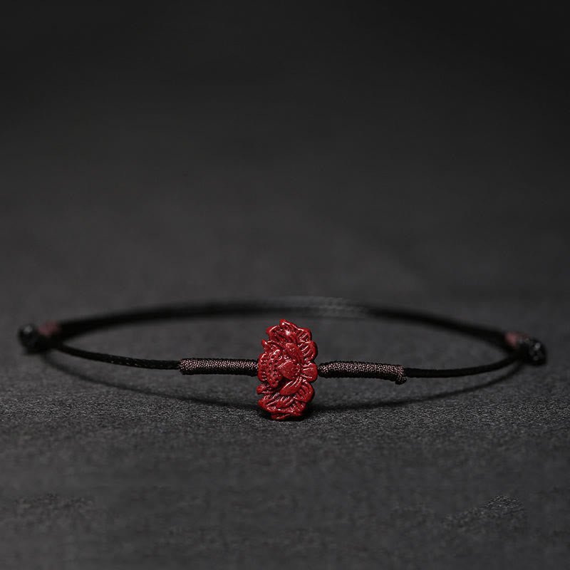 Handmade Cinnabar Braided Red String Bracelet with Carved Symbolic Charms