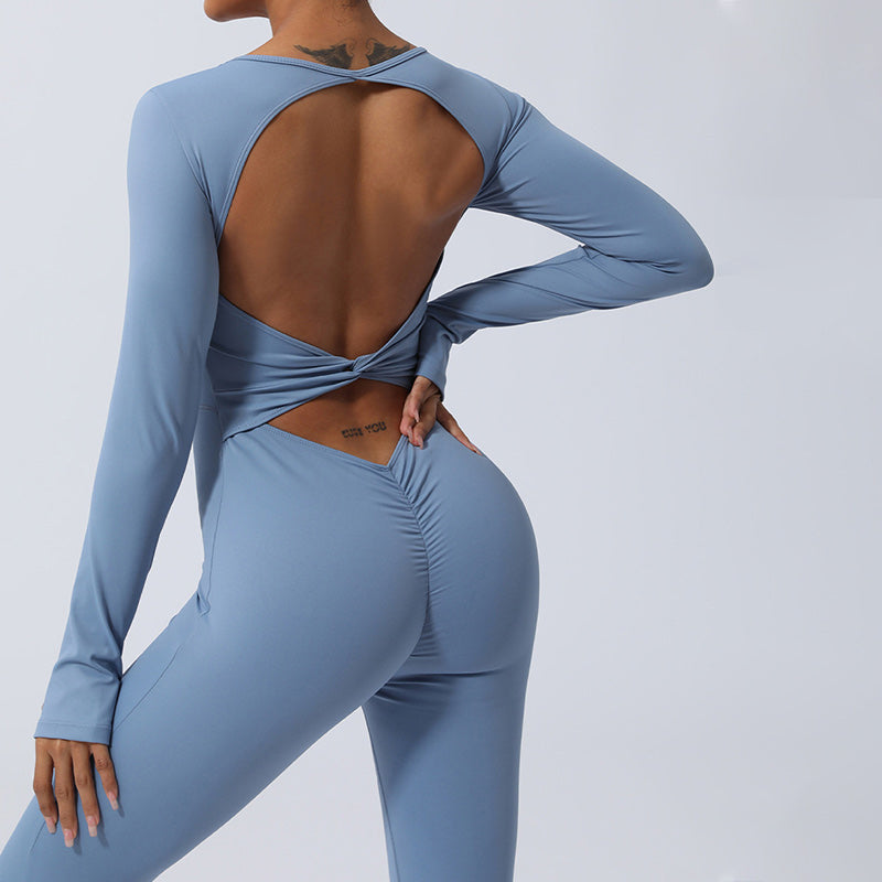 Women Long Sleeve Backless Jumpsuit Sports Fitness Yoga Bodysuit