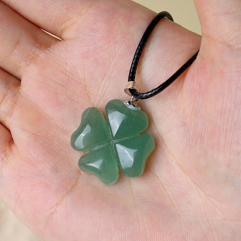 925 Sterling Silver Green Aventurine Four Leaf Clover Luck Leather Rope Necklace Pendant