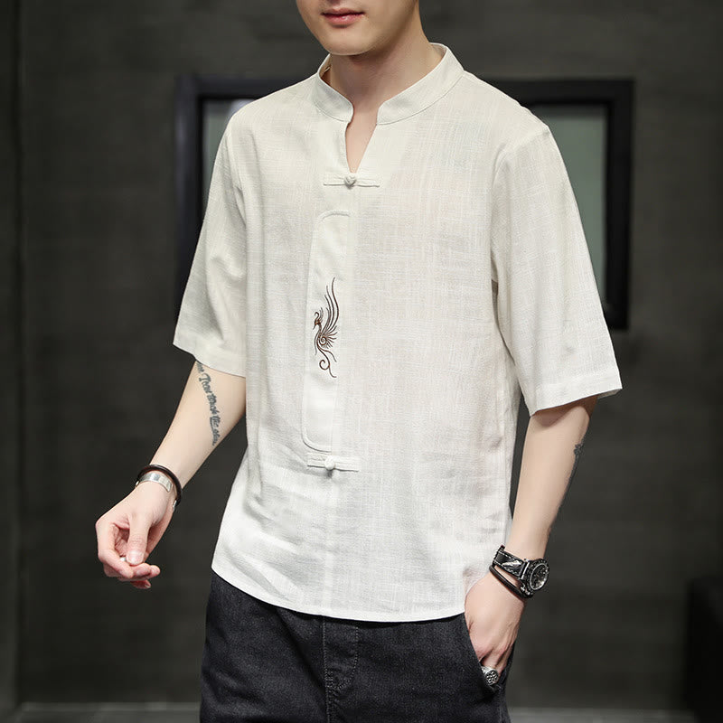 Frog-Button Phoenix Embroidery Chinese Tang Suit Short Sleeve Shirt Cotton Linen Men Clothing