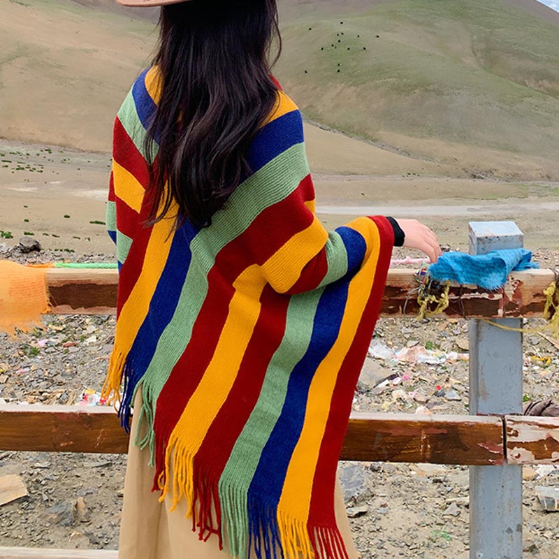 Knitted Striped Tassel Pullover Meditation Shawl Wrap