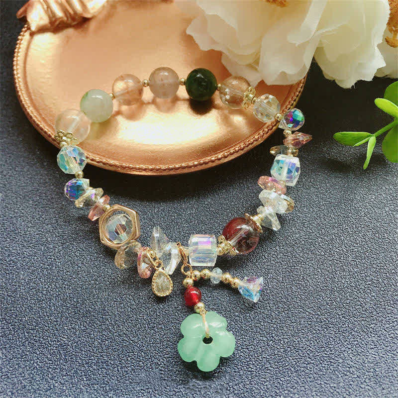 Colorful Green Aventurine and Rutilated Quartz Flower Bead Bracelet