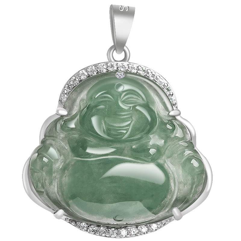 925 Sterling Silver Laughing Buddha Natural Jade Luck Prosperity Necklace Chain Pendant