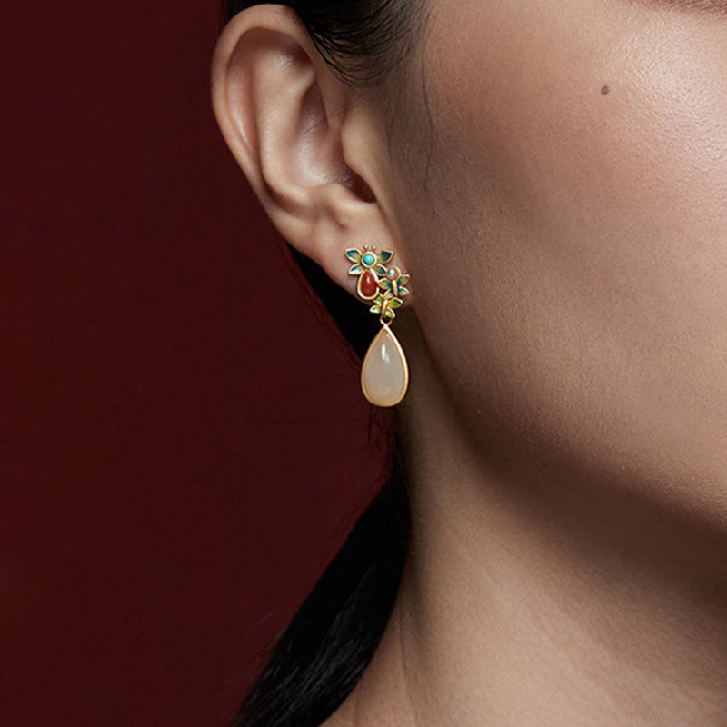 Water Drop White Jade Red Agate Butterfly Protection Drop Dangle Earrings