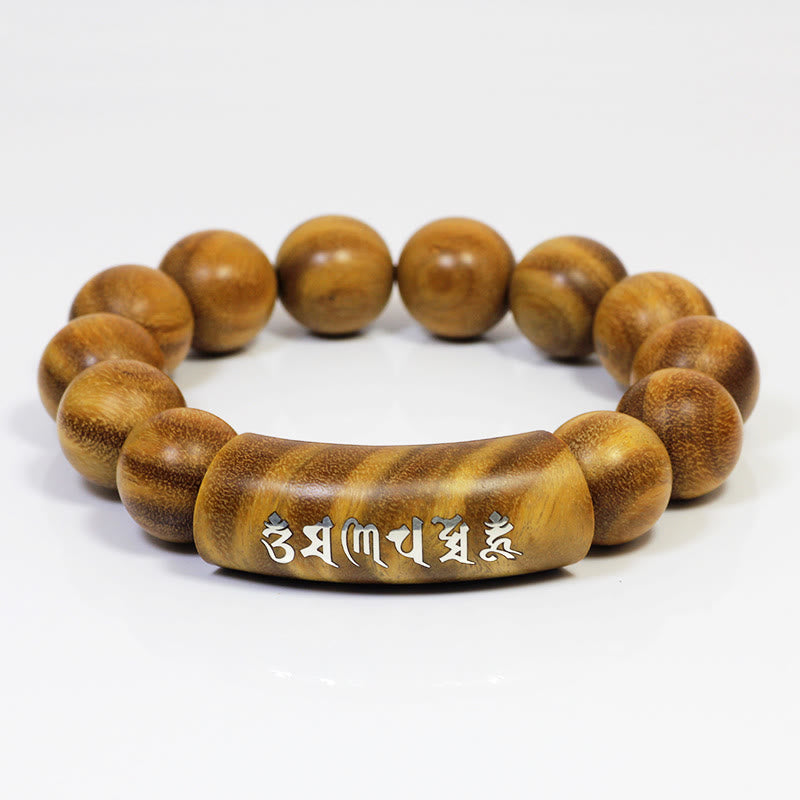 999 Sterling Silver Green Sandalwood Om Mani Padme Hum Dragon Phoenix Dharmachakra Inlaid Peace Bracelet