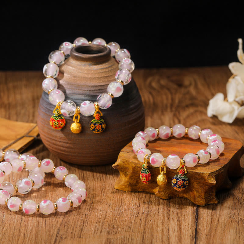 Gold Swallowing Beast Family Charm Luminous Pink Love Heart Fluorescent Liuli Glass Bead Blessings Bracelet